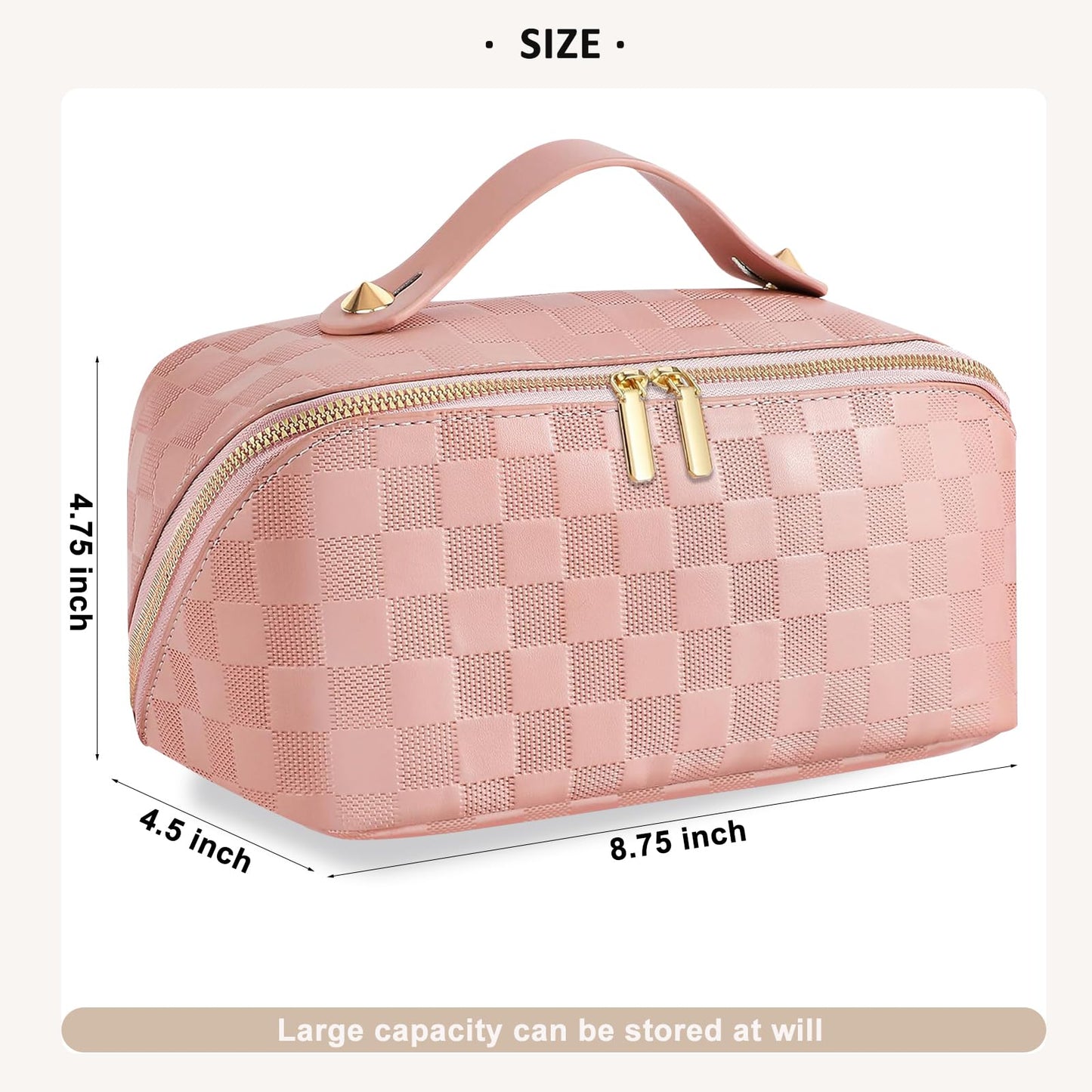 CCidea Checkered Makeup Bag, Large Travel Cosmetic Bags for Women, Portable Waterproof Leather Makeup Pouch, Open Flat Toiletry Bag Make up Organizer with Divider and Handle -Plaid Pink