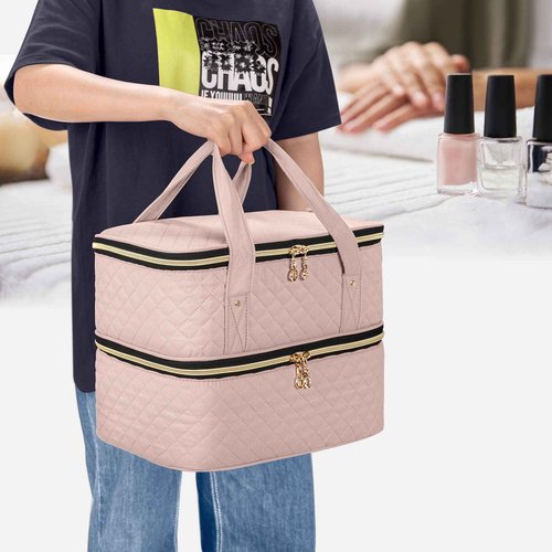 Yarwo Nail Polish Organizer Case Holds 50 Bottles(15ml/0.5 fl.oz) and Nail Lamp, Double Layers Nail Polish Bag with Adjustable Dividers for Nail Art Tools, Dusty Rose (Bag Only, Patent Design)