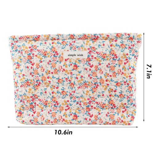 URSKYTOUS Cotton Quilted Makeup Bag for Women Coquette Floral Cosmetic Bag Cute Zipper Cloth Makeup Pouch for Purse Trendy Aesthetic Orange Flower Makeup Bag Travel Skincare Toiletry Bag Organizer