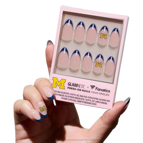 Glamnetic x Fanatics Press On Nails - Michigan Wolverines | Short Almond Fake Nails, Collegiate Wolverines Blue French Tips, College Nails, Salon-Quality | 15 Sizes - 30 Nail Kit with Glue