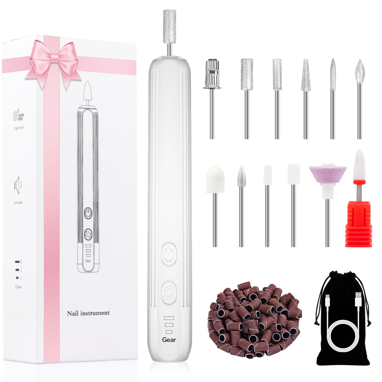 Electric Nail Drill, Professional Manicure Pedicure Kit, Cordless Electric Nail File Set, Rechargeable Pedicure Tools for feet, 3 Speeds Hand Foot Care Nail Drill for Thick Nail Toenail Cuticle-White