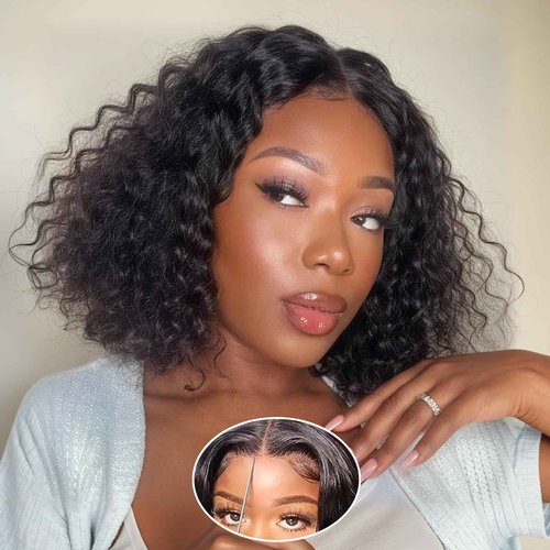 Kerberey Glueless Wigs Human Hair Pre Plucked Pre Cut Wear and Go Bob Wig Human Hair Deep Wave Wigs 5x5 HD Lace Closure Curly Wigs for Black Women Lace Front Glueless Wigs Human Hair 8Inch