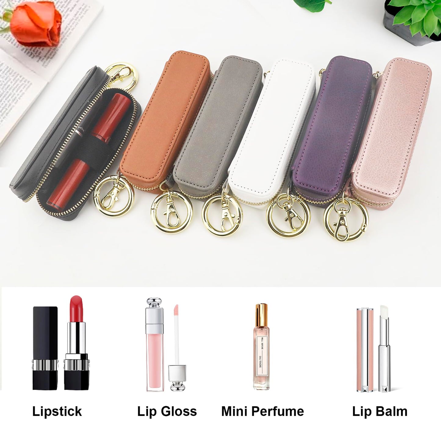 Bocasal Leather Lipstick Case Holder Chapstick Keychain Pouch, Zipper Lip Balm Lip Gloss Bag for Purse with Key Chain Elastic Band, Makeup Travel Organizer, Cosmetic Storage Kit for Women Girls (Red)