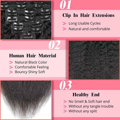 ShowJarlly Clip in Hair Extensions Real Human Hair 20 Inch Kinky Straight Clip ins 8Pcs Brazilian Remy Hair Extensions for Women Natural Black