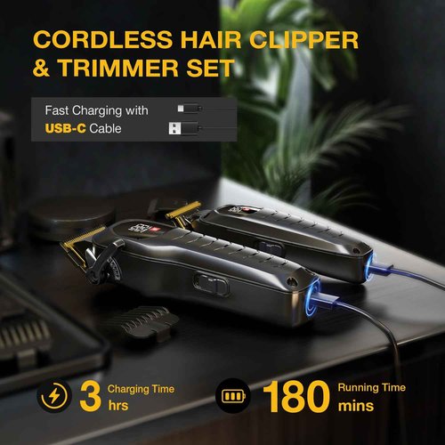 SUPRENT Cordless Hair Clippers for Men - Professional Hair Clipper & Trimmer Set, Wireless Hair Cutting Kit for Family, Rechargeable Cordless Hair & Beard Trimming Set for Men with LED Display (Black)