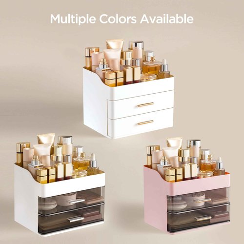 HBlife Makeup Organizer for Vanity with 2 Drawers, Large Bathroom Countertop Cosmetics Organizer Skin Care Storage, Easy to Store Lipsticks, Nail Polishes, Perfumes, Eyeshadow Palettes, All White