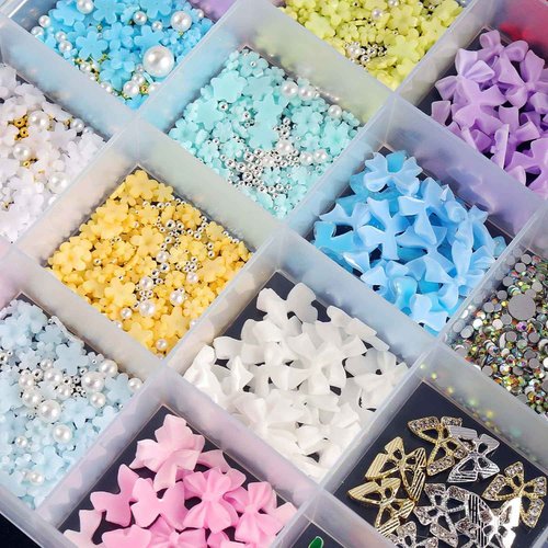 Rungang 3200PCS 3D Nail Charms Set – Bulk Bow Nail & Flower Nail Charm, Flatback Pearls, Shiny Nail Jewels Gems for DIY Nail Art Decoration with Pickup Tools
