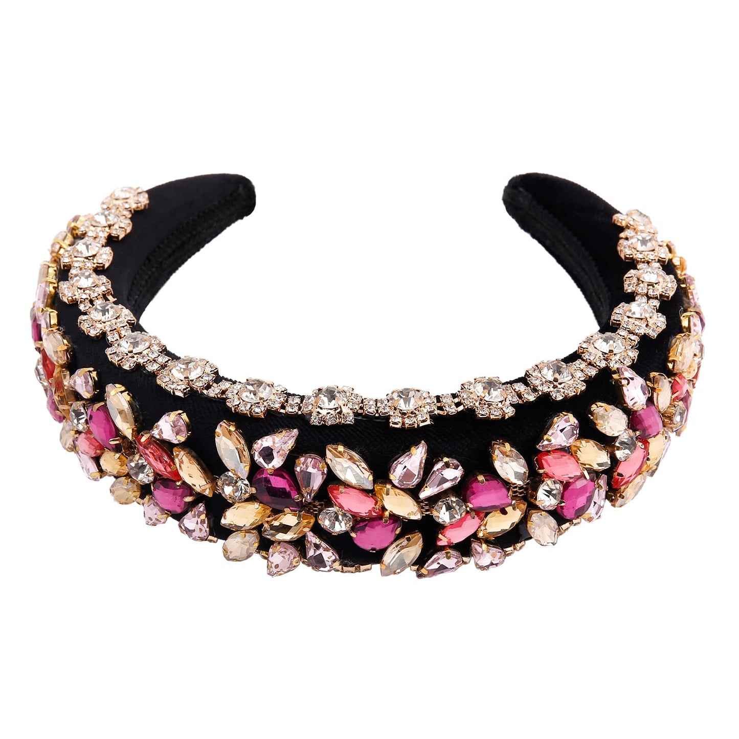 QIANXUAN Crystal Rhinestone Headbands For Women White Pearl Headbands For Girls Padded Headband Black Velvet Jewelry Chain Hairband Handmade Pearly Flower Retro Filling Diamond Hair Accessories (Rhinestones Headband-98)