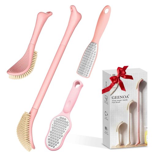 GEENOA New Foot Brush & Foot Files Set(3PCS), 3-in-1 Foot Scrubber with Long Handle, 10.2’’-27.5’’Adjustable Foot Scrub Brush and 2 Upgrade Foot File Callus Remover, Gift-Box Packed(Pink+2*Foot File)