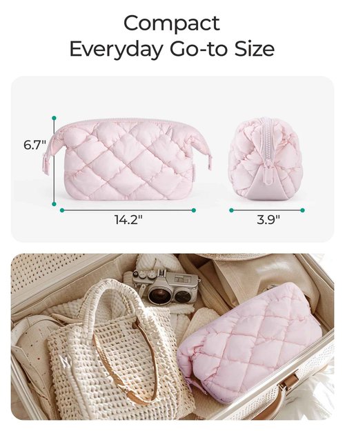 BAGSMART Quilted Travel Makeup Bag, Puffy Toiletry Organizer with Wide Opening, Cosmetic Storage for Women's Accessories, Purple