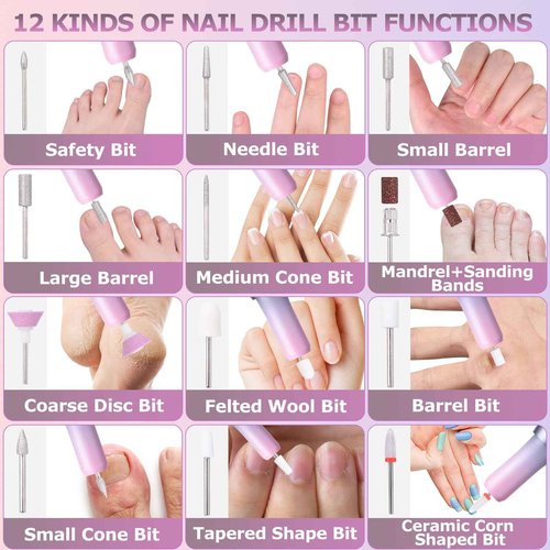 EVILTO Electric Nail Files Cordless, Professional Nail Drill LCD Display with 12 Bits 30000RPM Rechargeable Manicure Pedicure EFile for Gel Nail Polish Acrylic Nails Thick Toenails Removal, Grey Pink