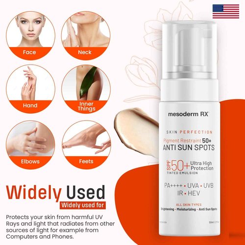 Mesoderm RX Pigment Restraint Anti Sun Spots Ultra High Protection Pigment Control-Protects Skin against Blue Light UVB, UVA, HEV, IR-Facial Sunblock, 50ml