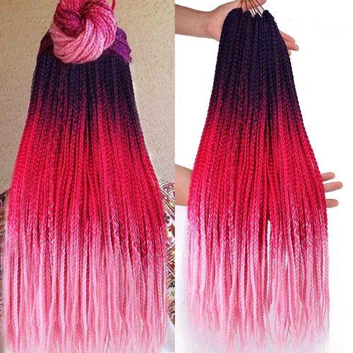 Box Braids Crochet Hair 24 Inch Pre Looped 3X Goddess 6 Packs Ombre Red Pink Box Braids Crochet Hair for Black Women Knotless Straight Braiding Hair Extensions(Purple/Red/Pink#)