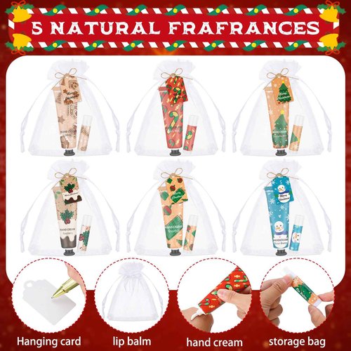 Loopeer 36 Sets/144 Pcs Christmas Hand Cream and Lip Balm Gift Set for Women Bulk Mini Hand Lotion Travel Size for Dry Skin Stocking Stuffers with Greeting Card Organza Bags for Coworker Employee