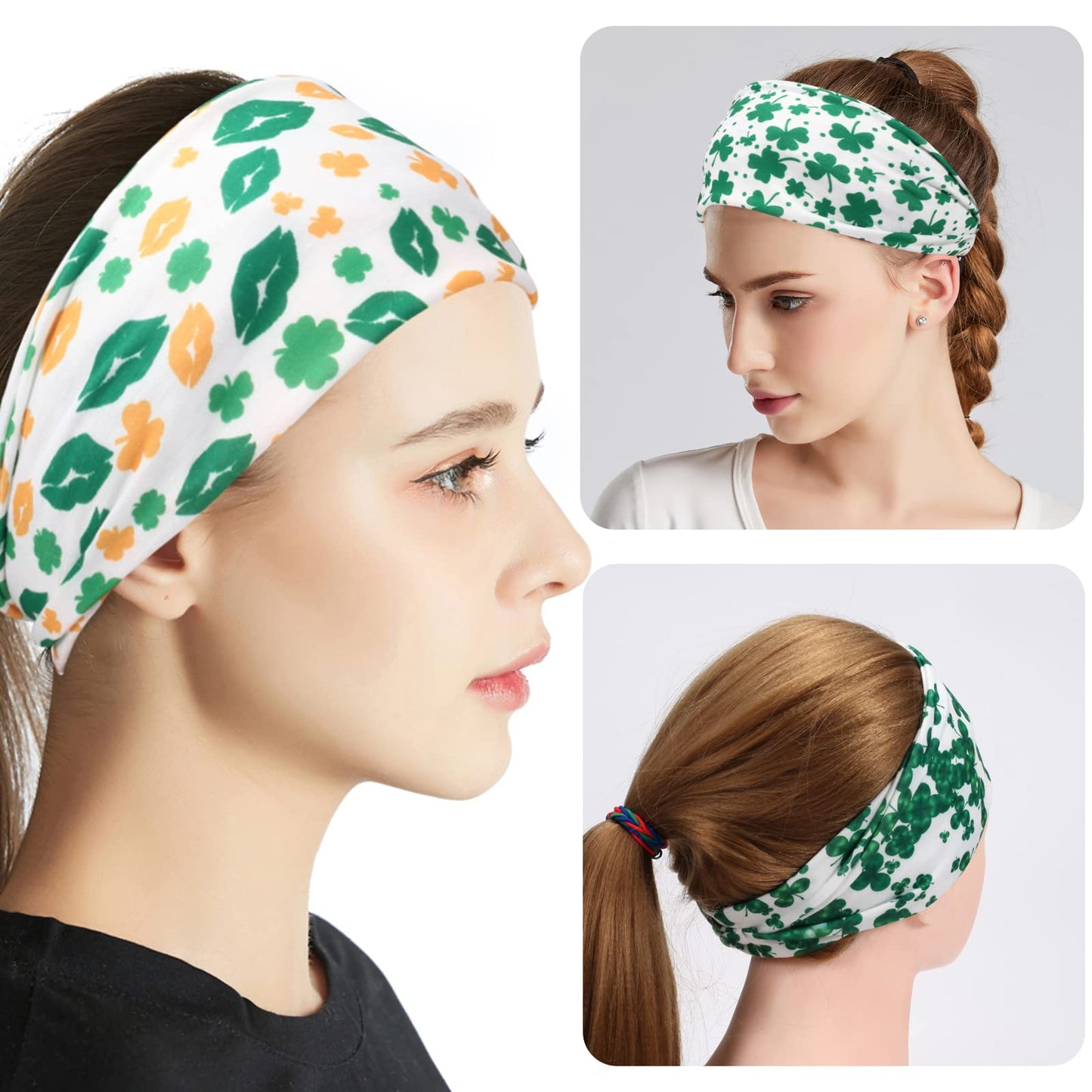 6 Pack St. Patrick's Day Headbands Green Shamrock Hairbands for Women Men No Slip Sweat Wicking Workout Headband for Yoga Running Exercise Hair Accessories Elastic Headwraps Unisex