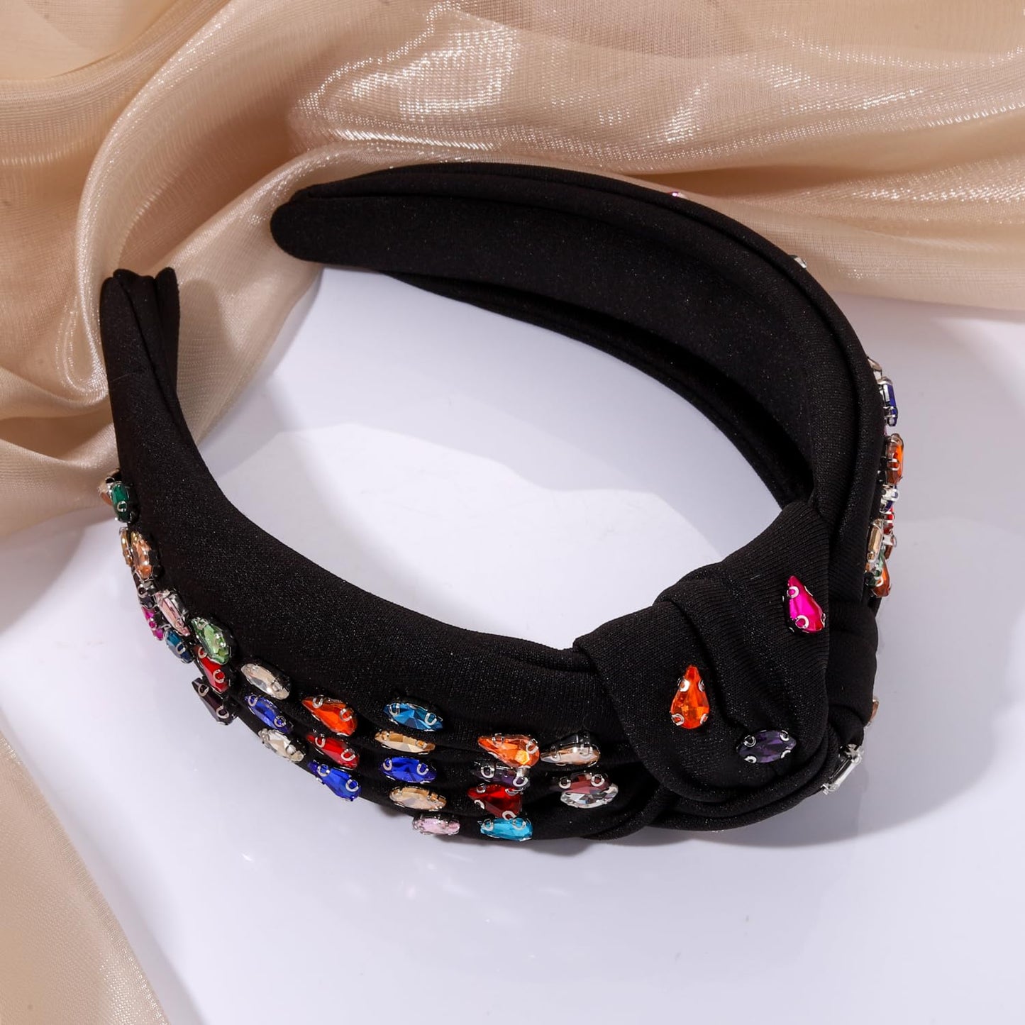 BVGA Rhinestone Knotted Headband for women Sparkly Rainbow Crystal Embelishied Wide Hairbands Twist Turband Headead (black)