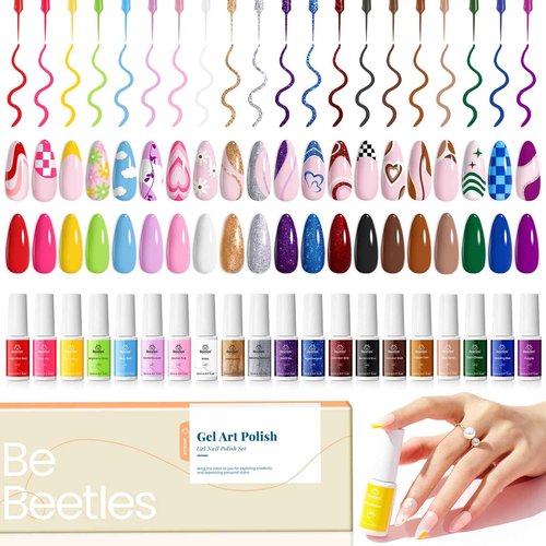 Beetles French Tip Gel Liner Nail Polish Set- 20 Colors Nail Art Polish Brown Glitter Pink Blue White Red Purple Swirl Gel Nails Polish Nails Art Painted Build in Thin Brush Manicure Gifts for Women