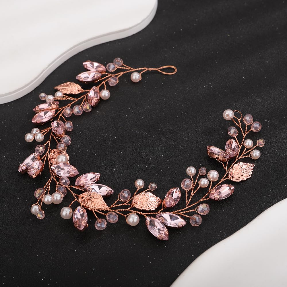 Teyglen Bride Wedding Hair Vine Bridal Leaf Crystal Headband Handmade Pink Red Black Rhinestone Pearl Hair Pieces Gold Headpieces Hair Accessories for Bride Women Girls (Pink)