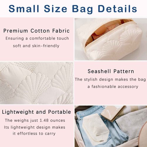 RSRSLEII 3Pcs Quilted Cotton Coquette Makeup bag, Coastal Granddaughter Aesthetic Cosmetic Bag, Cute Seashell Portable Travel Toiletry Pouch (08 3Pcs White)