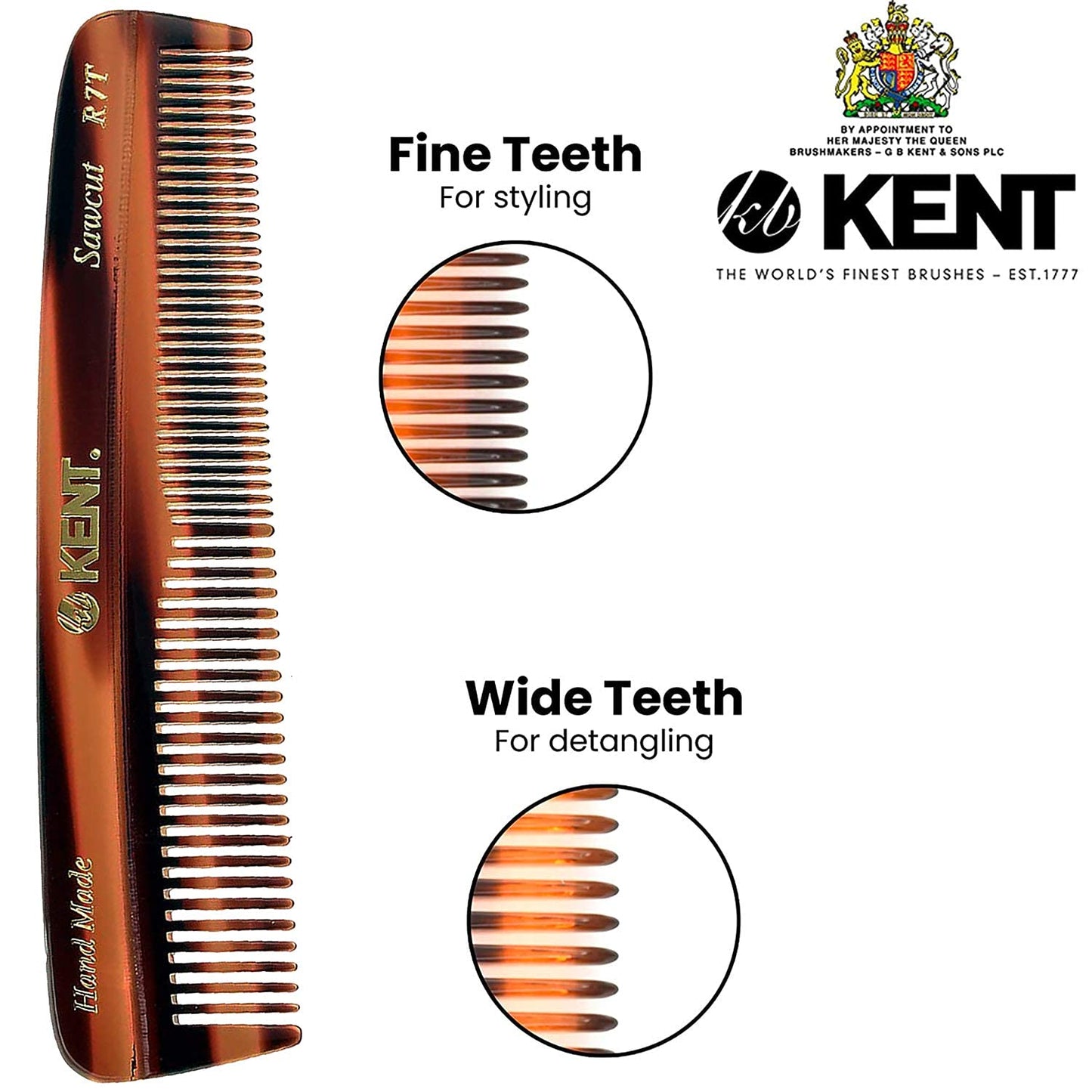 Kent R7T THE APSLEY Limited Edition Double Tooth Hair Pocket Comb, Small Fine/Wide Tooth Comb for Styling Hair, Beard and Mustache for Men, Women and Kids. Saw Cut Hand Polished. Handmade in England