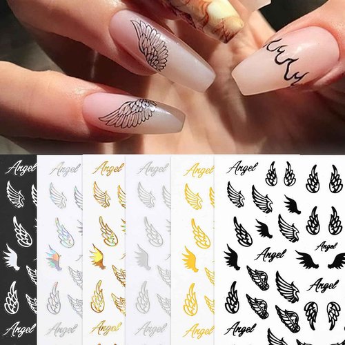 Angel Wings Nail Stickers Laser Metallic Angel Wings Nail Decals 3D Self-Adhesive Holographic Gold Silver Wings Letter Decals Stickers Design Nail Art Supplies for Nails Manicure Decorations 6 Sheets