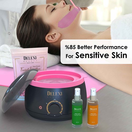 DELEXI Premium Waxing Kit for Sensitive Skin – Painless Hard Wax Beads, Safe Wax Warmer, Pre/Post Care Spray, Salon-Grade Results at Home for Face, Bikini, Brazilian & Full Body