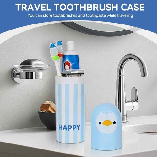 Travel Toothbrush Case, Cute Portable Toothbrush Holder Toothbrush Cup Reusable Plastic Toothbrush Holder Container Case with Cover for Traveling, Camping, Home, School, Business(Blue)