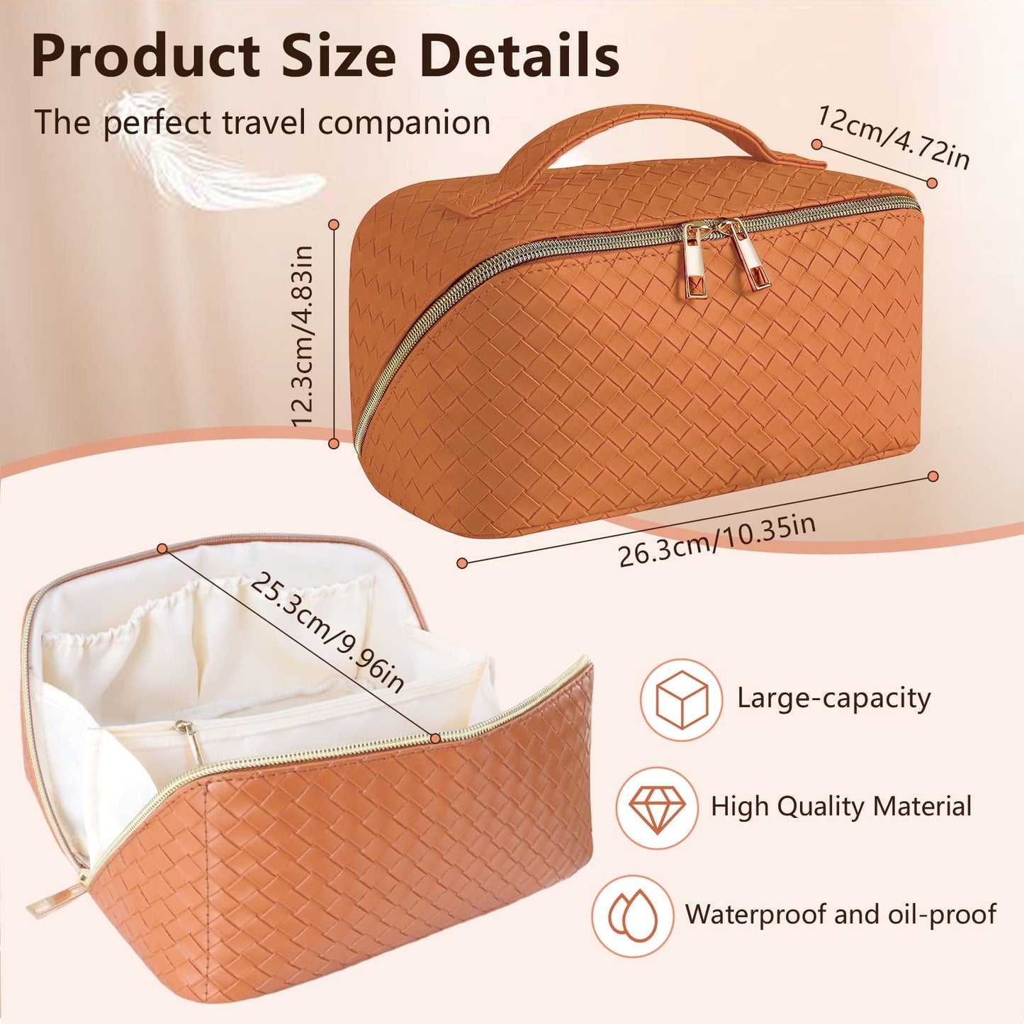 BELCOSD Large Capacity Travel Cosmetic Bag for Women - Portable Makeup Organizer with Double Zipper Design, Opens Flat - Waterproof PU Leather Cosmetic Bag