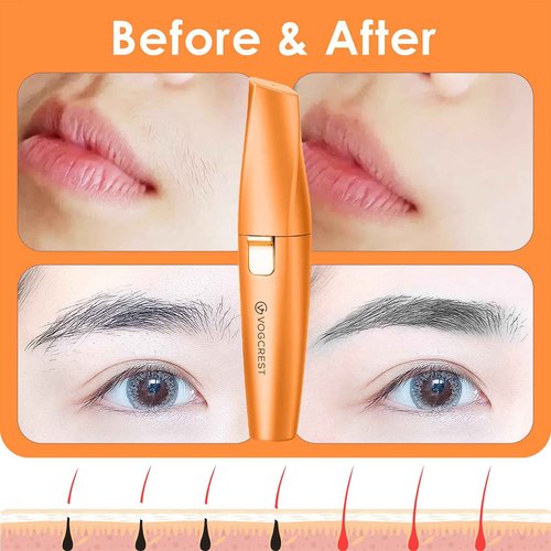 VG VOGCREST Eyebrow Facial Trimmer: 2 in1 Rechargeable Facial Hair Removal and Eyebrow Shaver - Face Lips Body Painless Facial Razor with Built-in LED Light (Orange)
