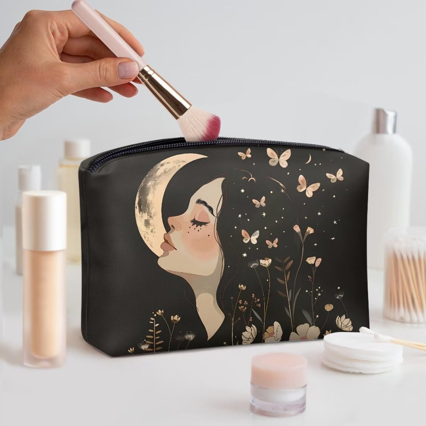 ELEDIZI Moon Star Butterfly Makeup Bag Toiletry Travel Bag Women Aesthetic Cute Makeup Brush Holder Travel Pu Leather Cosmetic Bag for Women Fashion Clutch Purses for Women Birthday Gifts for Her