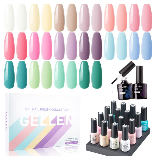 Gellen Gel Nail Polish, 16 Colors Gel Nail Polish Set, Soak off Uv Gel Polish Set, Pastel Colors U V Gel Polish Nails Kit with Gel Top Coat and Gel Base Coat, For Gift