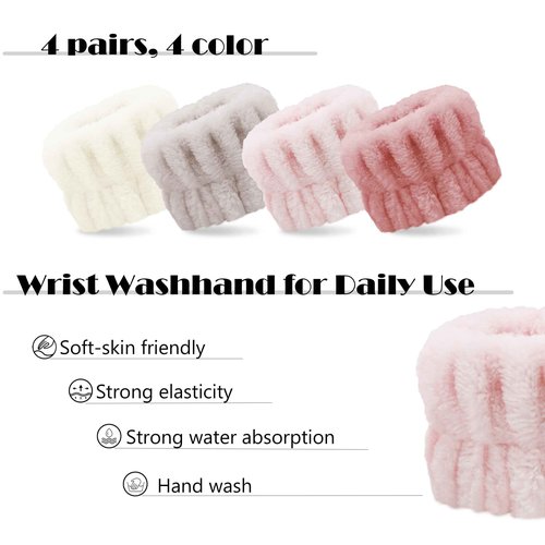 Hosslearlear 4 Pairs Wrist Bands for Washing Face, Microfiber Wristbands for Women Skin Care Preventing Water from Spilling Down Arm, Multicolor (Beige, Mica, Pea red, Pink)