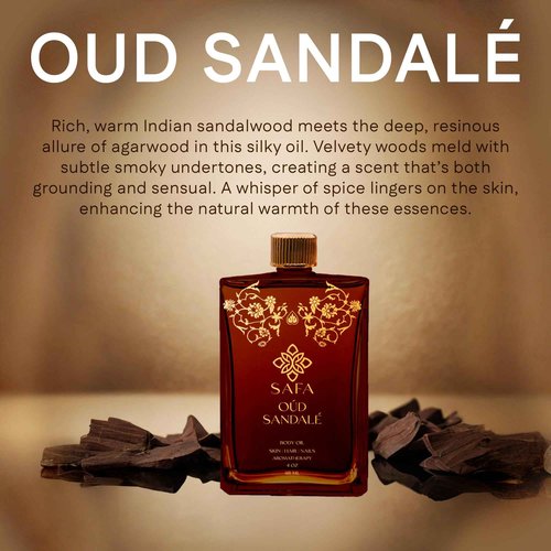 SAFA Oud Sandalé Oil – Organic Oud & Sandalwood Essential Oil for Hair, Body, Face & Nails – Arabian Perfume Oil for Women & Men - Strong & Long Lasting Fragrance 4 Fl Oz