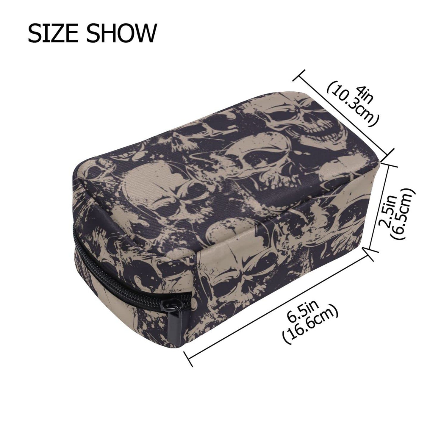 JHKKU Makeup Bag Skull Print Square Cosmetic Bag Portable Travel Toiletry Bag Black Zipper Storage Bag for Women