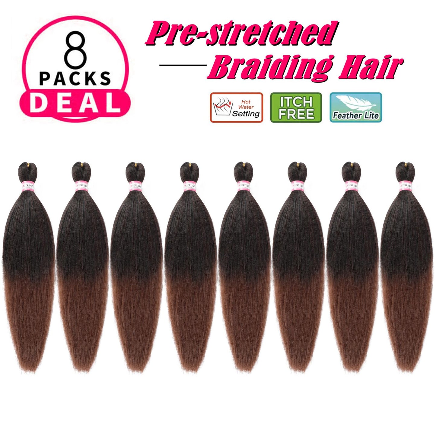 Dorsanee Ombre Brown Braiding Hair Pre Stretched 20 Inch 8 Packs Braiding Hair Extensions for Crochet Box Braids Twists Locs Hair Itch Free Soft Yaki Texture Hot Water Setting (20inch,#1B/30)