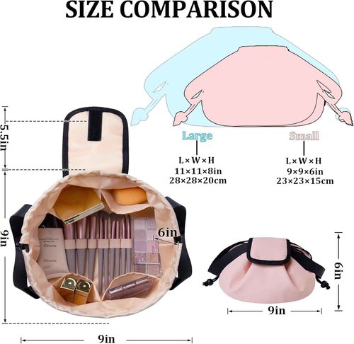 FANGENKE Drawstring Makeup Organizer,Lay Barrel Makeup Bag Cosmetic Bag Toiletry Bag for Travel,Portable Waterproof Make Up Bags for Women Brush Toiletries Accessories (Pink, Large)