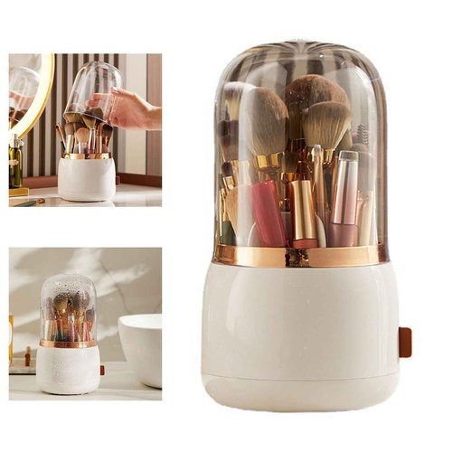 Beufee Makeup Brush Holder, Makeup Brush Organizer Makeup Brush Holder Organizer with Lid 360° Rotating Makeup Storage for Home (White)
