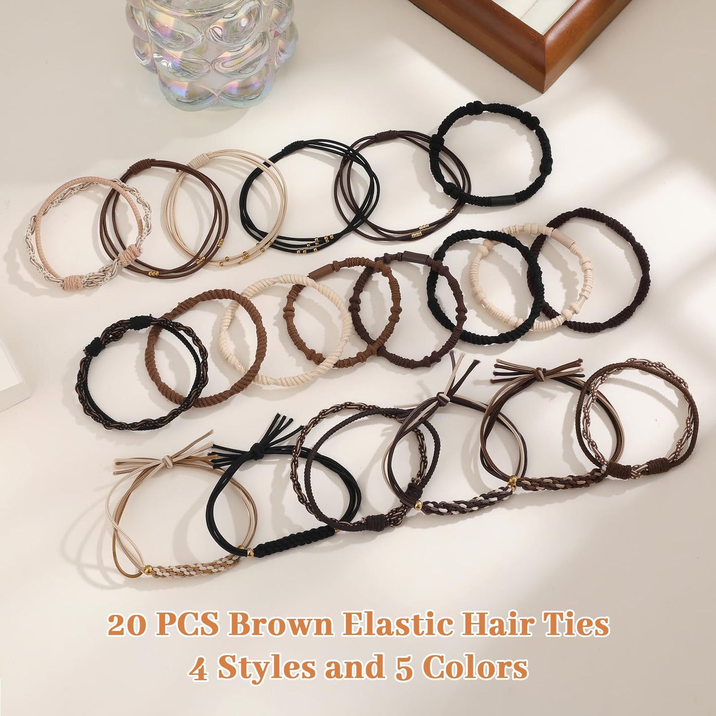 20 PCS Boho Hair Ties, Nuetral Color Bracelets Hair Ties for Thick or Thin Hair, 5 Styles Boho Ties for Ponytail Holders, 2.36’’ Hair Ties No Damage