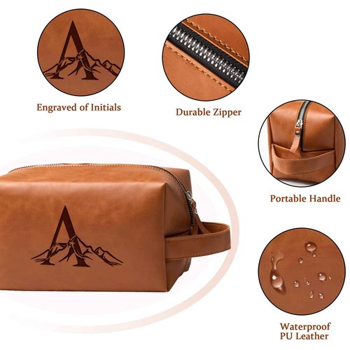 Aganmi Personalized Gifts Travel Toiletry Bag for Men Engraved Initial PU Leather Waterproof Shaving Bag for Toiletries Accessories Fathers Day Birthday Gift for Men Dad Husband Son, Light Brown I