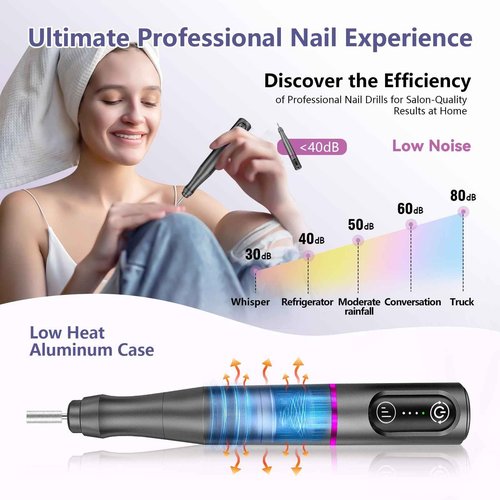 TUOBEO Cordless Nail Drill Electric Rechargeable File Kit, Professional Efile Acrylic Gel Nail Polish Remover Pedicure Manicure Machine Portable Set with 11 Bits 56 Sanding Bands for Salon Home Gray