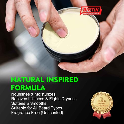 Biotin Beard Balm for Men – Unscented, Fast-Absorbing Beard Softener & Growth Balm with Castor, Shea & Jojoba – Conditions, Styles & Thickens Coarse or Patchy Facial Hair – Idea Gift for Him – 2 OZ