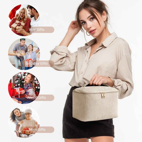 MAGEFY 2Pcs Makeup Bag,Cosmetic Bag Large Capacity with Handle Small Makeup Bag for Purse, Travel Makeup Pouch for Women,Beige