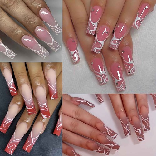 4Pcs White Swirls Lines Nail Stickers 5D Micro-Embossed Fantasy Wave Nail Art Stickers Abstract Lines Nail Decals Simple Design for Women Girls Daily Manicure French Embossed Engraved Nail Decorations