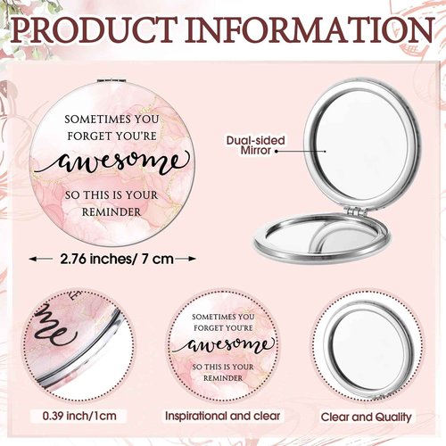 Geetery 12 Sets Christmas Inspirational Compact Mirror Gifts for Women Bulk Reminder Sisterhood Double Sided Folding Thank You Gifts for Employee Coworker Volunteer Team Worker Staff (Pink Marble)
