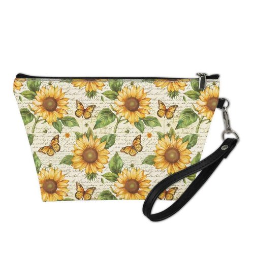 Suhoaziia Retro Sunflower Butterfly Cosmetic Bag for Women Travel Organizer Makeup Bag Zipper Purse Lightweight Toiletry Organizer Pouch Clutch Bag with Wrist Strap