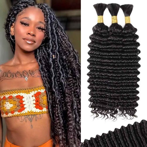 100g 3 bundles Human Braiding Hair for Boho Braids 14 Inch Curly Boho Hair for Braiding Knotless 12A Deep Wave Bulk Bohemian Natural Black