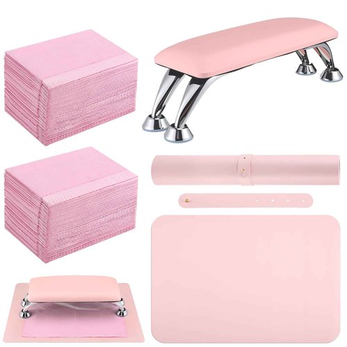 Demissle Nail Accessories Tool Sets Include 1 Detachable Hand Rest Pillow for Nails, 1 Art Table Mat, 50 Disposable Paper Mat for Practice Sheet Nail Technician Salon Home (Pink)