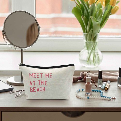ignytiger Coastal Beach Makeup Bag, Meet Me At The Beach Cosmetic Bags for Women, Preppy Cute Small Pink Makeup Pounch, Ocean Lover Gifts Zipper Pouches for Purse
