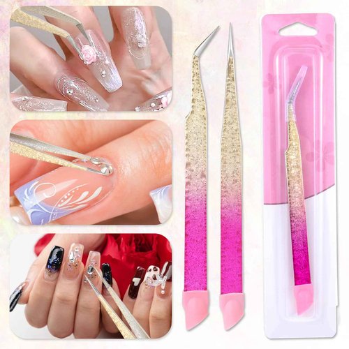 2 Pcs Double Ended Nail Art Tweezers with Silicone Pressing Head - Straight & Curved Tip Stainless Steel Tweezers for Eyelash Extensions & Nail Art Stickers