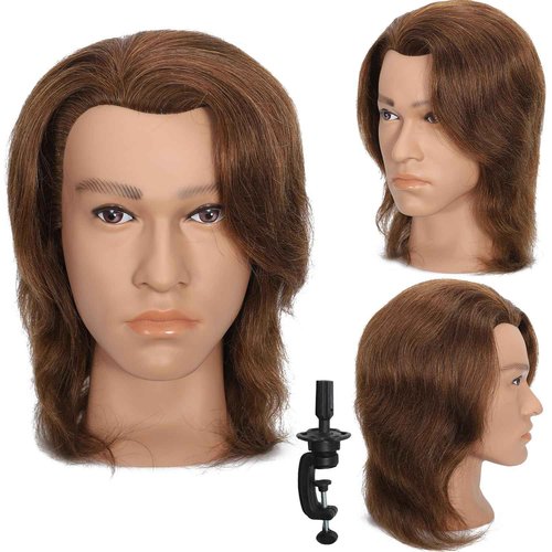TKIMHEQ 12" Male Mannequin Head with 100% Human Hair Haircut Training Head for Cosmetology Straight Thick Hair Manikin Head Doll Head with Stand Practice Cutting Styling (Brown#)